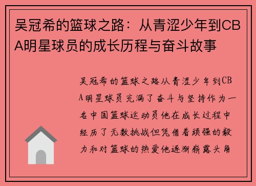 吴冠希的篮球之路：从青涩少年到CBA明星球员的成长历程与奋斗故事